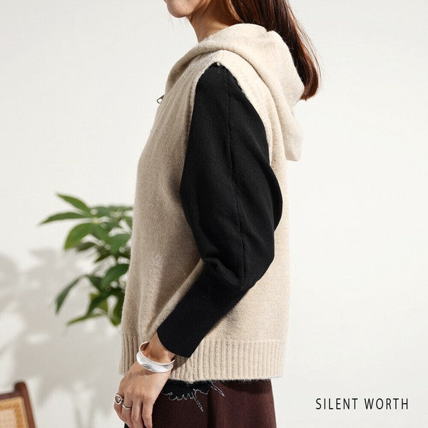 【Mサイズ】フード付ジップアップニットベスト|重ね着しやすいショート丈・SILENT WORTH Y-0177