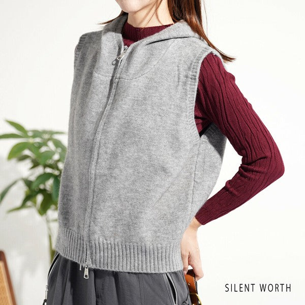 【Mサイズ】フード付ジップアップニットベスト|重ね着しやすいショート丈・SILENT WORTH Y-0177