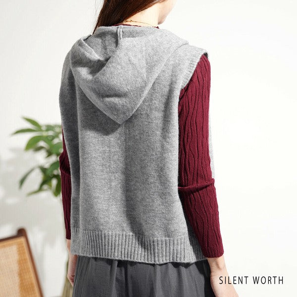 【Mサイズ】フード付ジップアップニットベスト|重ね着しやすいショート丈・SILENT WORTH Y-0177