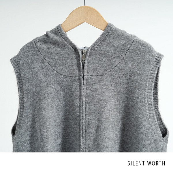 【Mサイズ】フード付ジップアップニットベスト|重ね着しやすいショート丈・SILENT WORTH Y-0177