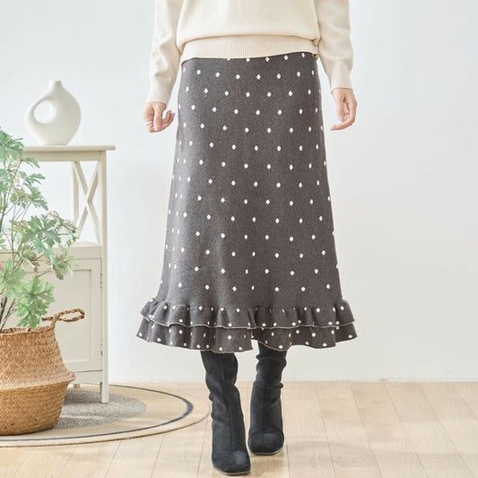 【M〜L】ドットジャガードニットスカート|amie studio レディース ミモレ丈 ウエストゴム 裾フリル N42-160