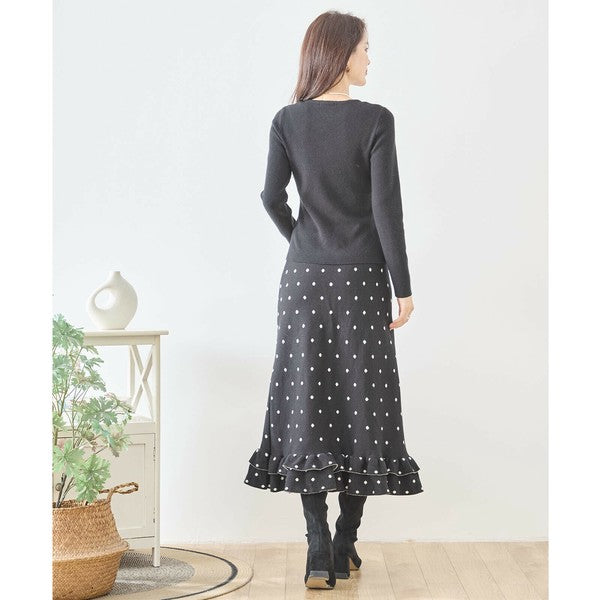 【M〜L】ドットジャガードニットスカート|amie studio レディース ミモレ丈 ウエストゴム 裾フリル N42-160