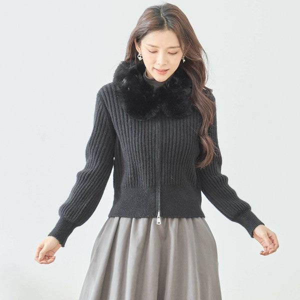 【M〜L】ファーカラージップニットジャケット|reve bleu レディース 羽織り 長袖 上品 暖かい ショート丈 N22-210