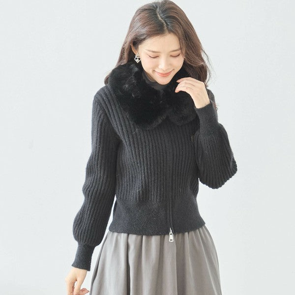 【M〜L】ファーカラージップニットジャケット|reve bleu レディース 羽織り 長袖 上品 暖かい ショート丈 N22-210