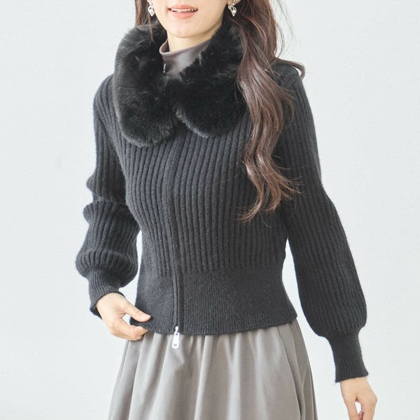 【M〜L】ファーカラージップニットジャケット|reve bleu レディース 羽織り 長袖 上品 暖かい ショート丈 N22-210