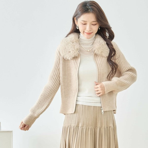 【M〜L】ファーカラージップニットジャケット|reve bleu レディース 羽織り 長袖 上品 暖かい ショート丈 N22-210