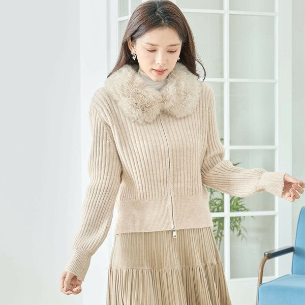 【M〜L】ファーカラージップニットジャケット|reve bleu レディース 羽織り 長袖 上品 暖かい ショート丈 N22-210