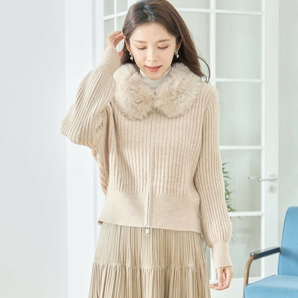 【M〜L】ファーカラージップニットジャケット|reve bleu レディース 羽織り 長袖 上品 暖かい ショート丈 N22-210