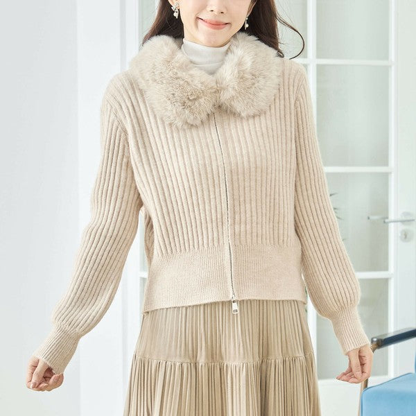 【M〜L】ファーカラージップニットジャケット|reve bleu レディース 羽織り 長袖 上品 暖かい ショート丈 N22-210