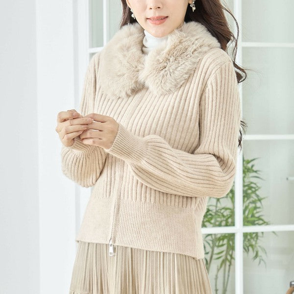 【M〜L】ファーカラージップニットジャケット|reve bleu レディース 羽織り 長袖 上品 暖かい ショート丈 N22-210