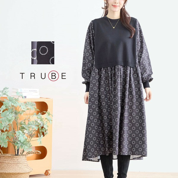 【L〜LL】異素材ドッキングサークル柄ワンピース|TRUBE 秋冬 レディース 長袖 ロング丈 体型カバー 大人可愛い N83-012