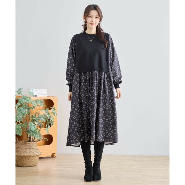 【L〜LL】異素材ドッキングサークル柄ワンピース|TRUBE 秋冬 レディース 長袖 ロング丈 体型カバー 大人可愛い N83-012