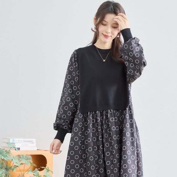 【L〜LL】異素材ドッキングサークル柄ワンピース|TRUBE 秋冬 レディース 長袖 ロング丈 体型カバー 大人可愛い N83-012