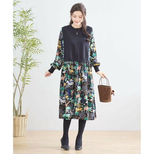 【L〜LL】レイヤード風サファリプリントワンピース|異素材切替・アニマル柄・長袖・TRUBE・N83-060