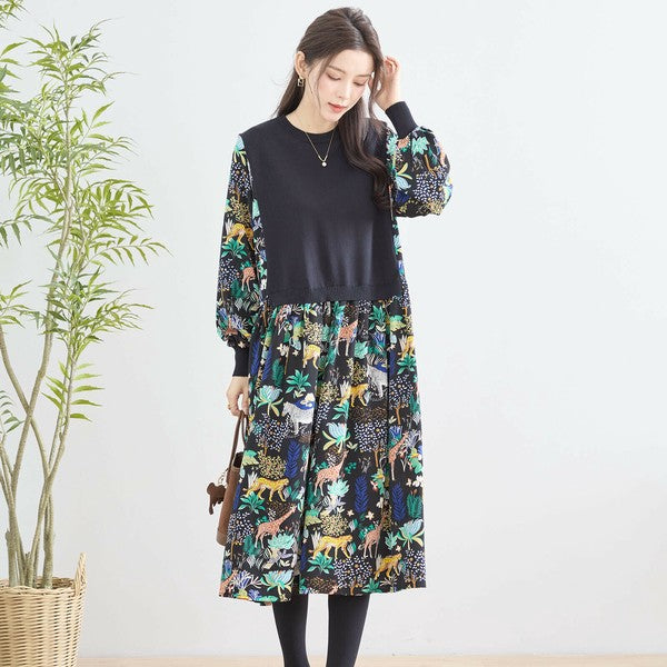 【L〜LL】レイヤード風サファリプリントワンピース|異素材切替・アニマル柄・長袖・TRUBE・N83-060