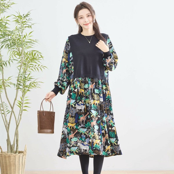 【L〜LL】レイヤード風サファリプリントワンピース|異素材切替・アニマル柄・長袖・TRUBE・N83-060