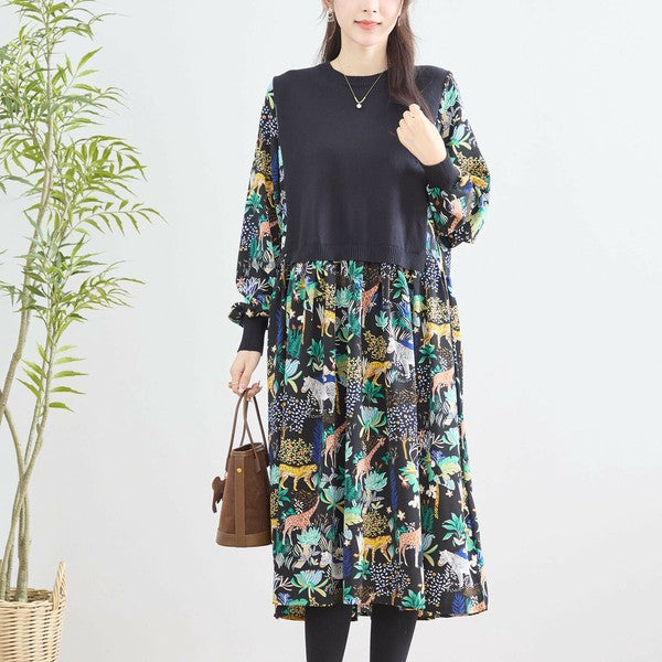 【L〜LL】レイヤード風サファリプリントワンピース|異素材切替・アニマル柄・長袖・TRUBE・N83-060