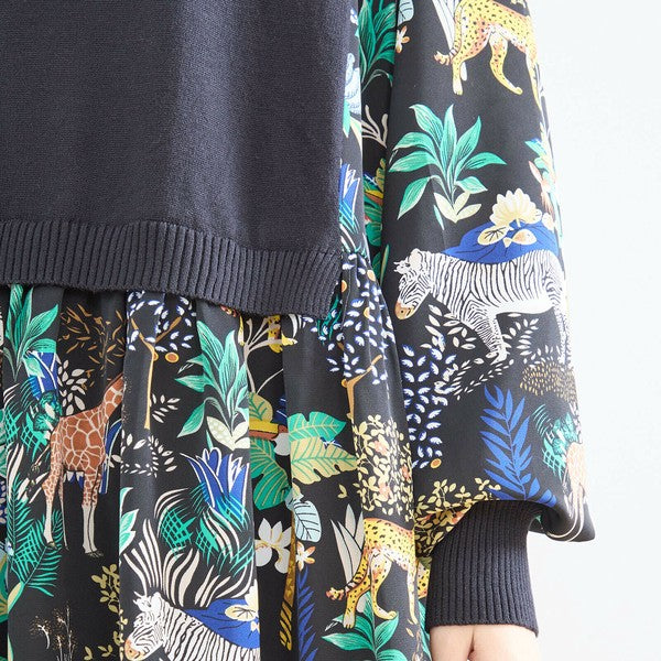 【L〜LL】レイヤード風サファリプリントワンピース|異素材切替・アニマル柄・長袖・TRUBE・N83-060