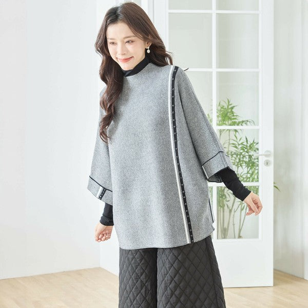 【L〜LL】配色ラインポンチョプルオーバー|ゆったり体型カバー・ハイネック・大人モード・TRUBE・N12-874