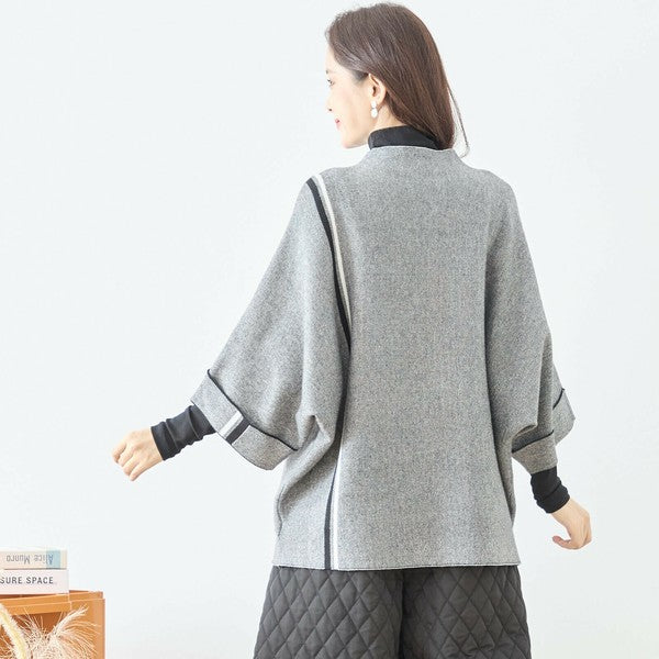 【L〜LL】配色ラインポンチョプルオーバー|ゆったり体型カバー・ハイネック・大人モード・TRUBE・N12-874