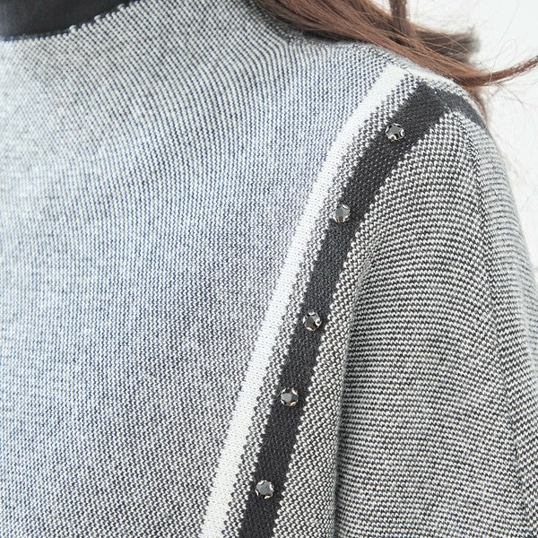 【L〜LL】配色ラインポンチョプルオーバー|ゆったり体型カバー・ハイネック・大人モード・TRUBE・N12-874