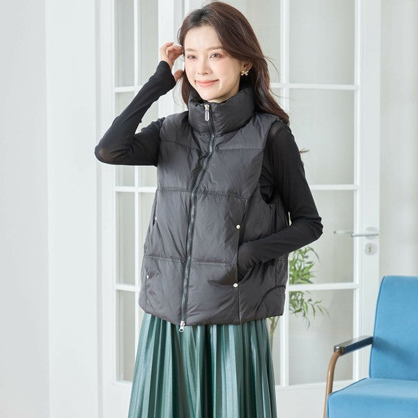 【M〜L】スタンドカラーミドルダウンベスト|軽量・保温・ダブルジップ・TRUBE・N32-096