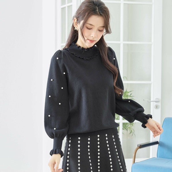 【M〜L】パール付きフリルネックニット|amie studio レディース 秋冬 長袖 セーター エレガント N12-902