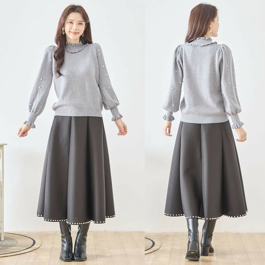 【M〜L】パール付きフリルネックニット|amie studio レディース 秋冬 長袖 セーター エレガント N12-902