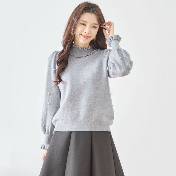 【M〜L】パール付きフリルネックニット|amie studio レディース 秋冬 長袖 セーター エレガント N12-902