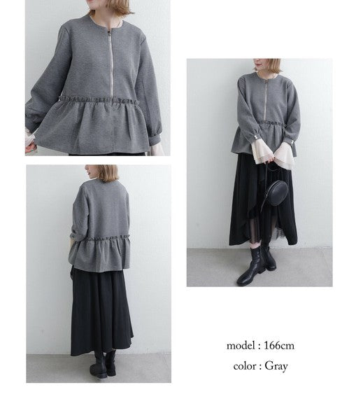 【Mサイズ】フリルジップジャケット|丸首・ペプラム風デザイン・ストレッチ素材|chou chou 201799