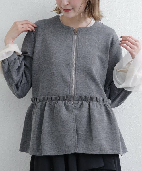 【Mサイズ】フリルジップジャケット|丸首・ペプラム風デザイン・ストレッチ素材|chou chou 201799