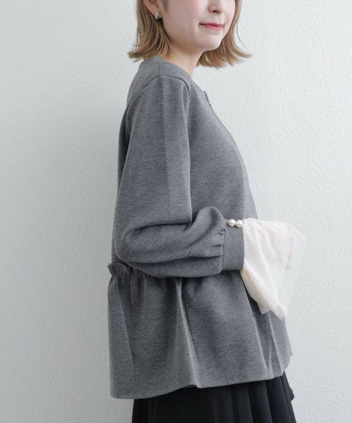 【Mサイズ】フリルジップジャケット|丸首・ペプラム風デザイン・ストレッチ素材|chou chou 201799