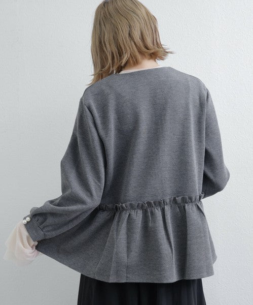 【Mサイズ】フリルジップジャケット|丸首・ペプラム風デザイン・ストレッチ素材|chou chou 201799