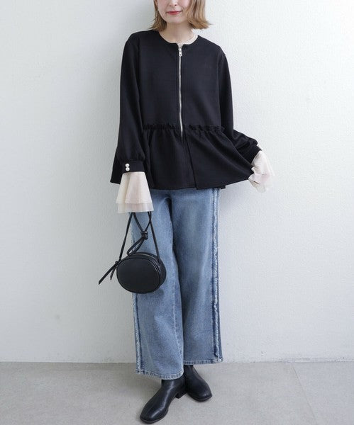 【Mサイズ】フリルジップジャケット|丸首・ペプラム風デザイン・ストレッチ素材|chou chou 201799