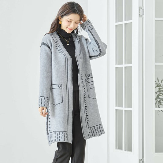 【M〜L】だまし絵ステッチデザインロングカーディガン|体型カバー・大人可愛い・ロング丈・TRUBE・N25-244