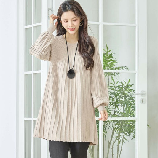 【L〜LL】プリーツ編みニットチュニックワンピース|縦リブですっきり体型カバー・長袖・TRUBE・N12-919