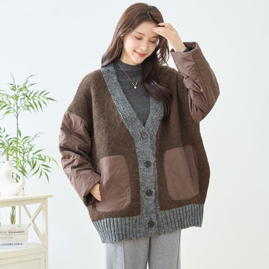 【L〜LL】キルト袖×モコモコ異素材コンビカーディガン|体型カバー・暖かい・軽量アウター・TRUBE・N25-313