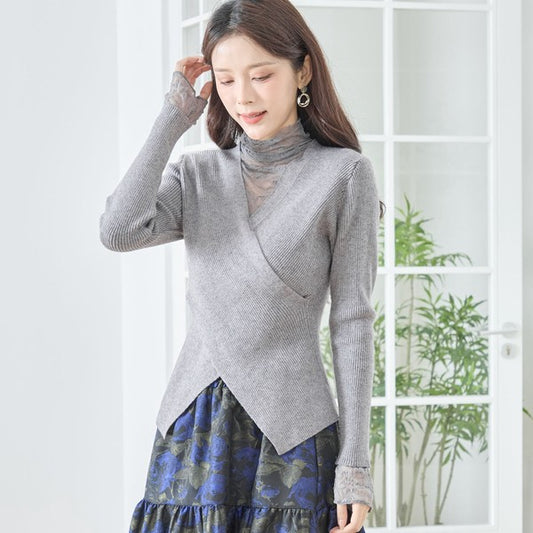 【M〜L】レースインナー付きアシメ重ねデザインニットトップス|フェミニン×上品レイヤード・amie studio・N12-949