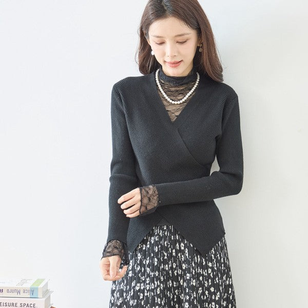 【M〜L】レースインナー付きアシメ重ねデザインニットトップス|フェミニン×上品レイヤード・amie studio・N12-949