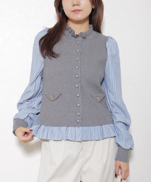 【Mサイズ】異素材切替・フリル襟ニットカーディガン|ブラウスドッキング・長袖・きれいめ大人可愛い・14104979