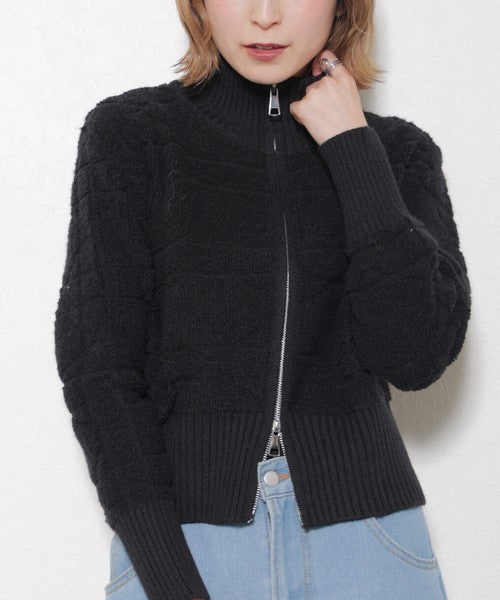 【M〜L】あったかジャガードニットブルゾン|ダブルジップ・立ち襟|軽くて暖かい秋冬アウター|ジャガード柄|長袖トップス|14105044