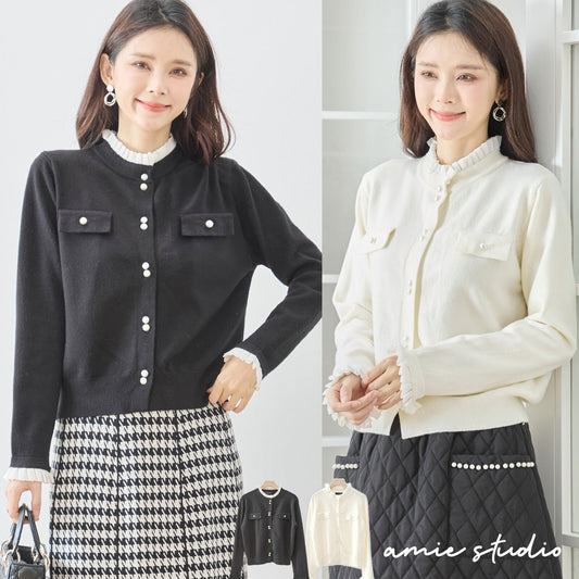 【M〜L】フリルネックパール釦ニットカーディガン|amie studio