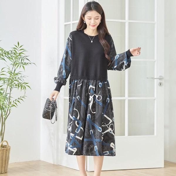 プリントドッキングニットワンピース 異素材切替 スカーフ柄 長袖 華やか