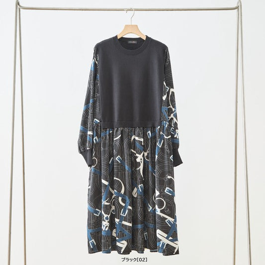 プリントドッキングニットワンピース 異素材切替 スカーフ柄 長袖 華やか