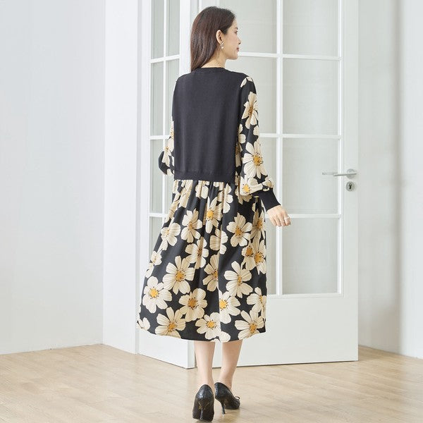 フラワープリント ドッキング ニットワンピース 花柄 長袖 異素材切替 きれいめ