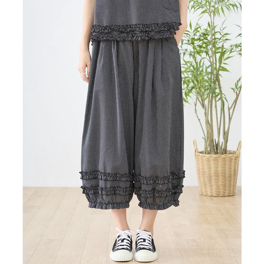 シャーリングフリル ストライプ バルーンパンツ ウエストゴム セットアップ対応 裾フリル