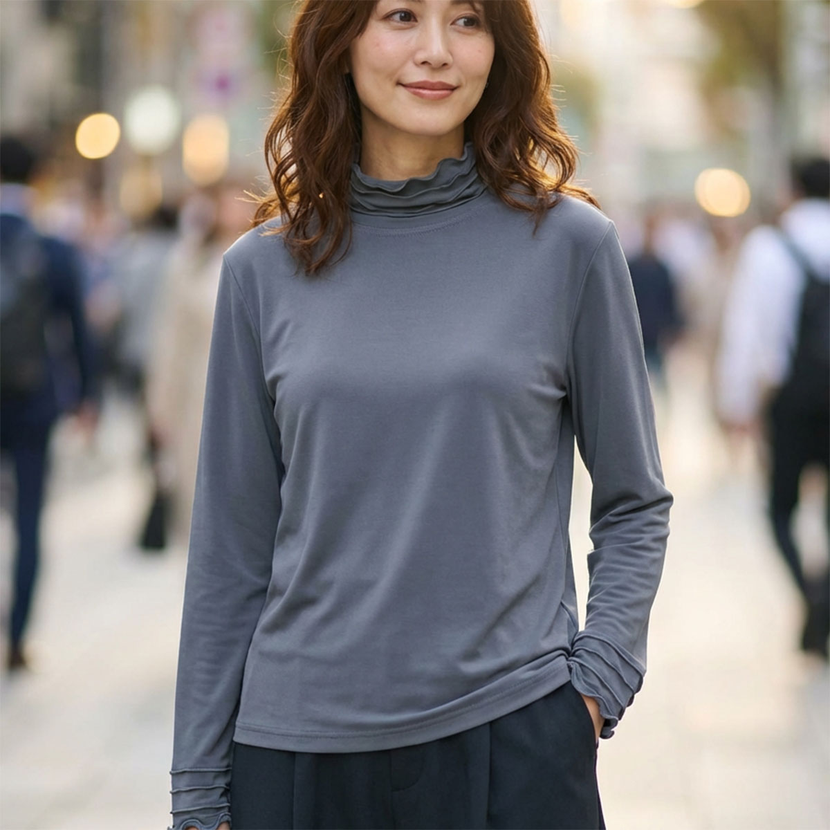 M〜L】首・袖ネット使い切替カットソー フリルネック ハイネック 