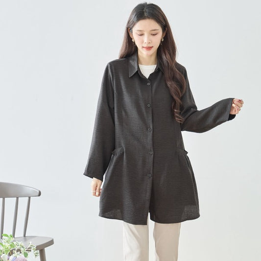 フレアポケット シャツチュニック 長袖 襟付き 前開き 体型カバー ゆったり 羽織り