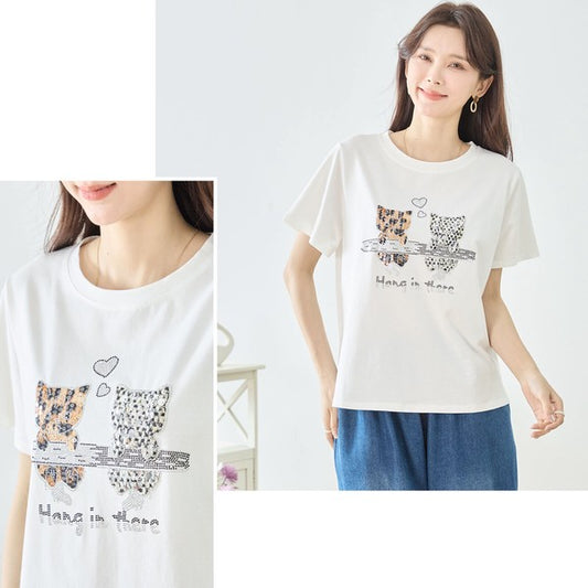 猫プリント Tシャツ スパンコール装飾 半袖 綿混 ストレッチ クルーネック 白
