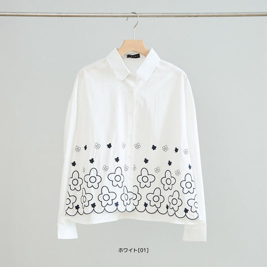 裾フラワー刺繍 スカラップヘム シャツ ブラウス 長袖 ゆったり 綿100% 春 夏